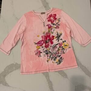 Y2K Blue Canyon Henley Top Women’s 1X Pink Floral Bird Print Rhinestone V Neck